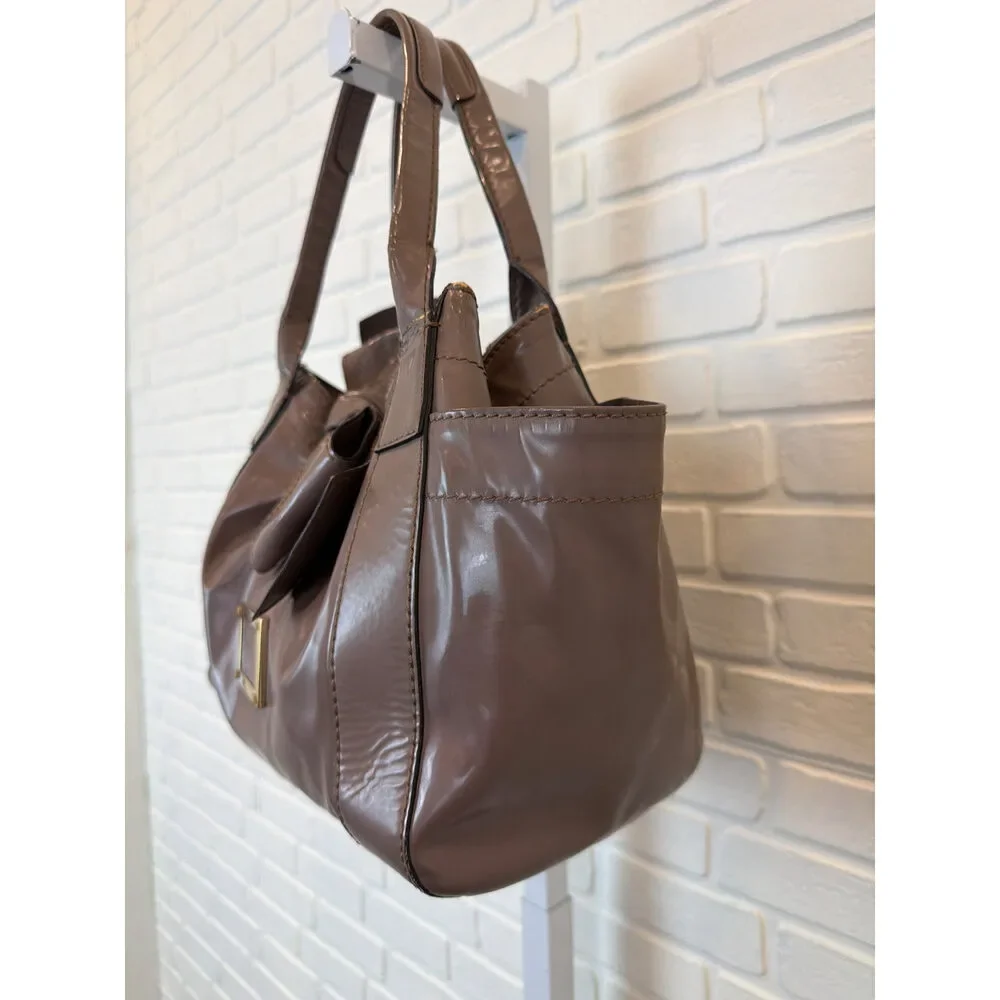 Valentino Garavani Bow Tote Taupe Patent Leather Shoulder Bag